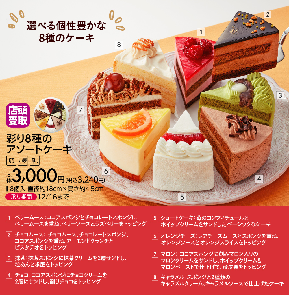 選べる個性豊かな8種のケーキ 彩り8種のアソートケーキ